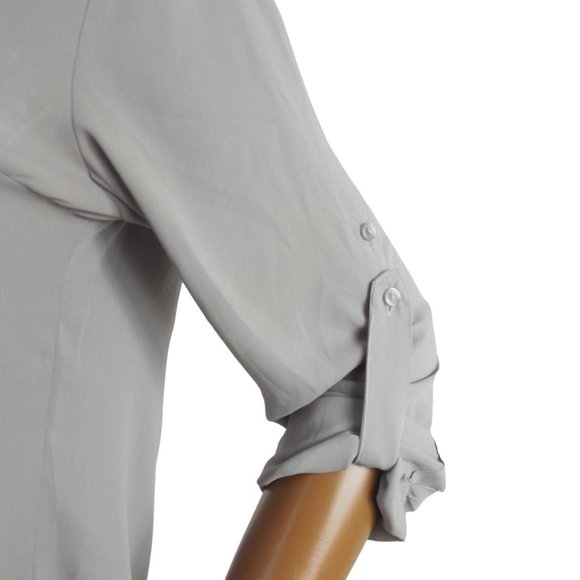 EXPRESS Top M Portofino Button Down Blouse Gray Mist Roll Tab Long Sleeves - Picture 4 of 10